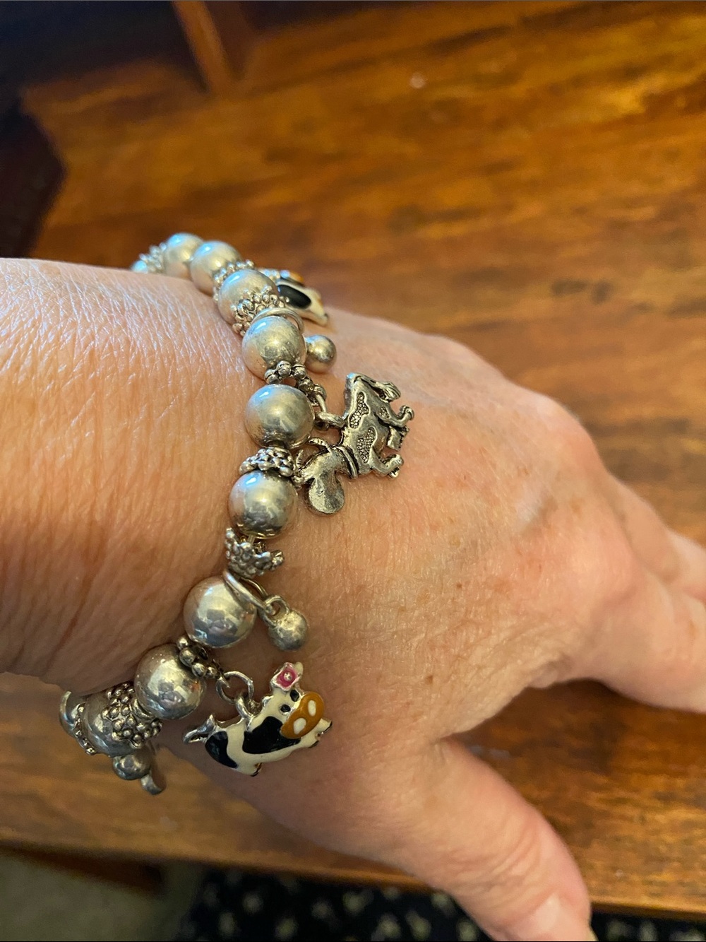 Cow Charm Silver Beaded Bracelet - Black & White Cow Charms